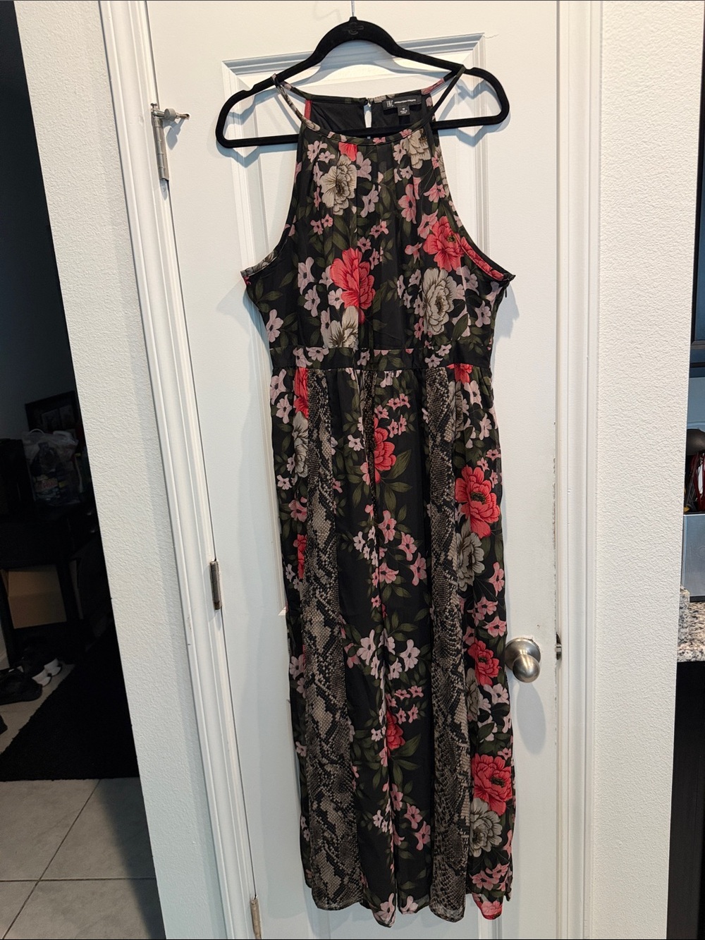 INC - Floral Halter Maxi Dress - Black with Pink & Red Blooms
